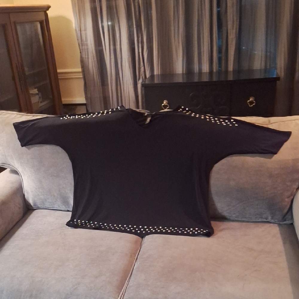INC  Black Studded 3/4 Sleeve Cold Shoulder Top 1X